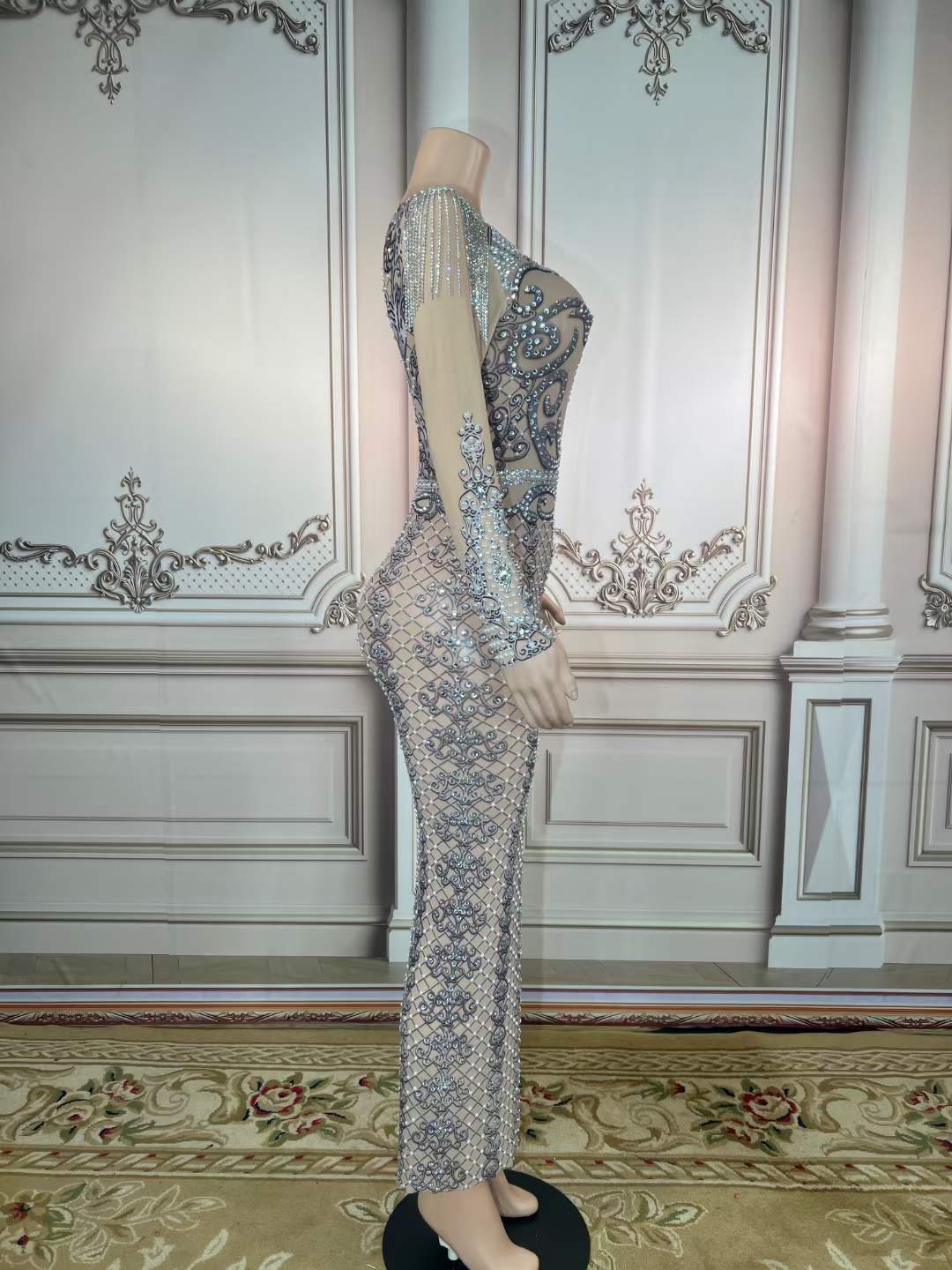 One size / FX220605 slive gray Fashion Clothing Women Tassel Shoulder Wedding Dresses Luxury Pattern Glitter Crystal Pearls Ladies Performance Club Dresses