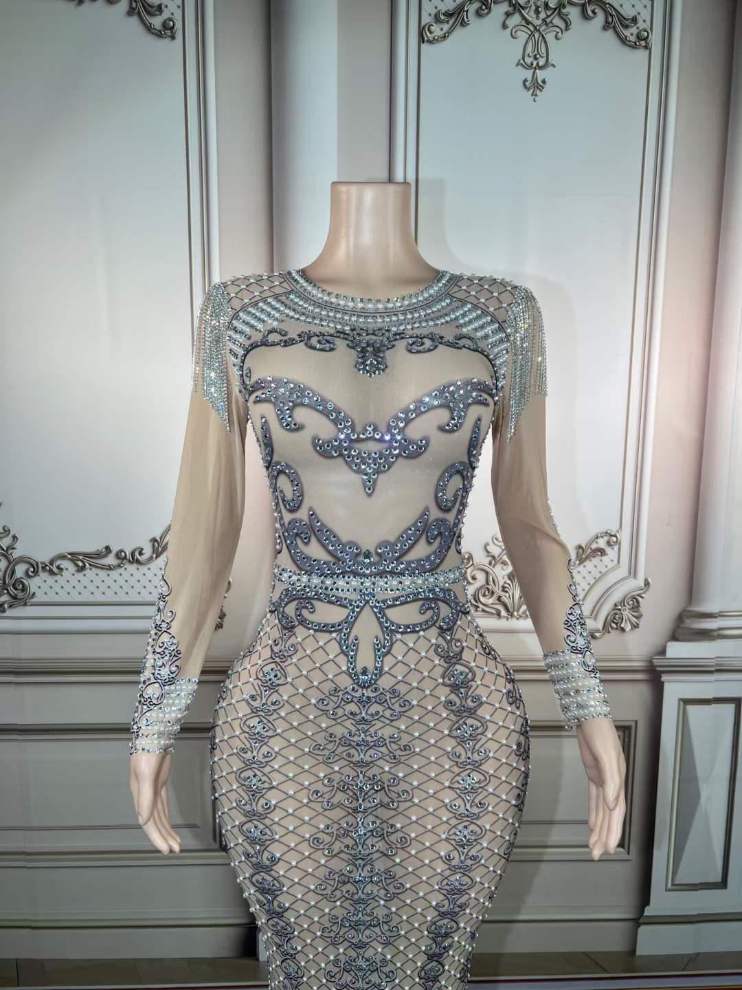 One size / FX220605 slive gray Fashion Clothing Women Tassel Shoulder Wedding Dresses Luxury Pattern Glitter Crystal Pearls Ladies Performance Club Dresses