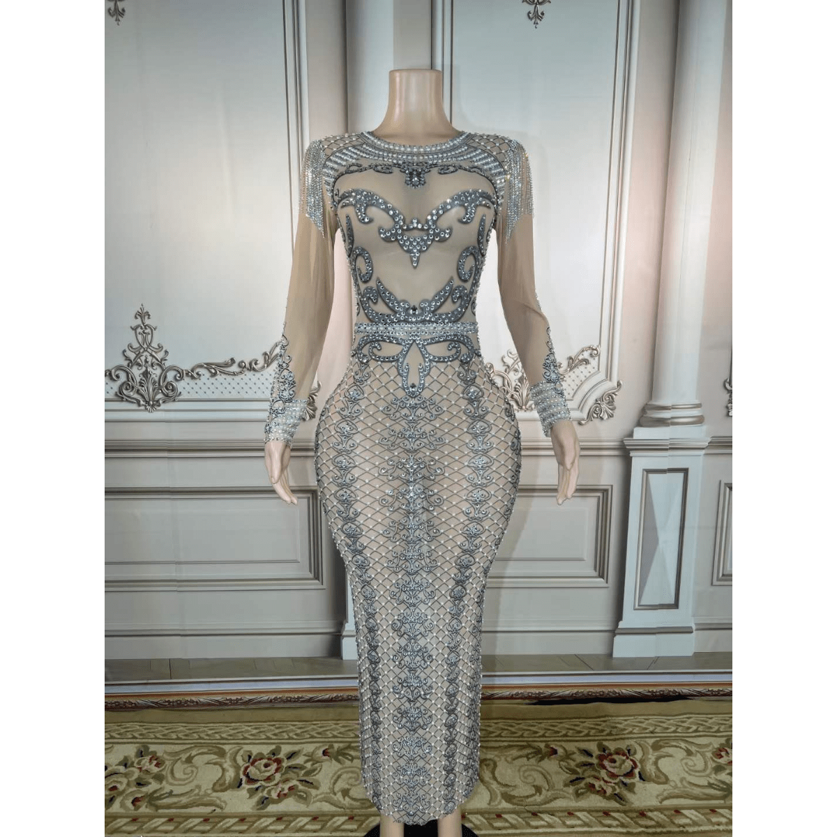 One size / FX220605 slive gray Fashion Clothing Women Tassel Shoulder Wedding Dresses Luxury Pattern Glitter Crystal Pearls Ladies Performance Club Dresses