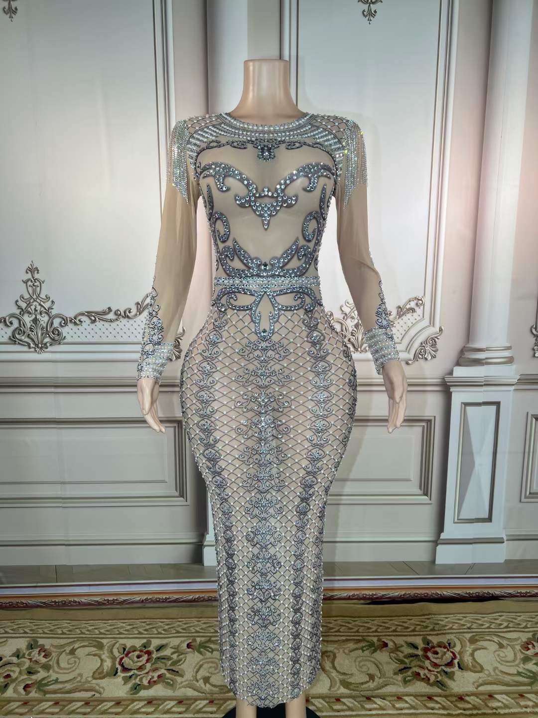 One size / FX220605 slive gray Fashion Clothing Women Tassel Shoulder Wedding Dresses Luxury Pattern Glitter Crystal Pearls Ladies Performance Club Dresses