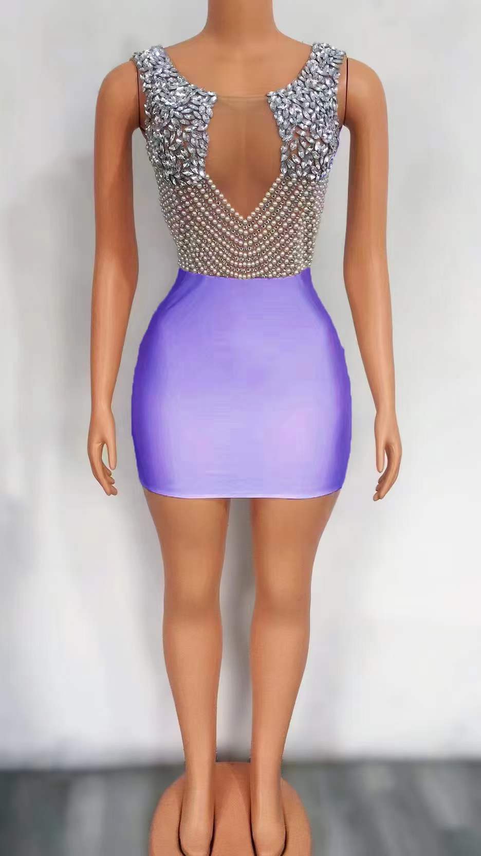 one size / FX220757 purple Simple Luxury Deep V Backless Sleeveless Sexy Slit Mini Bodycon Dress Pearl Elegant Mesh Club Sexy Dress With Diamond
