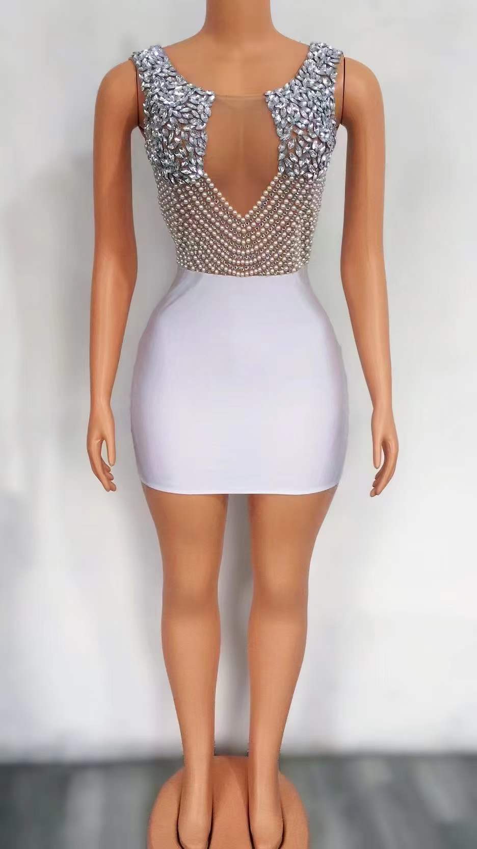 one size / FX220757 white Simple Luxury Deep V Backless Sleeveless Sexy Slit Mini Bodycon Dress Pearl Elegant Mesh Club Sexy Dress With Diamond
