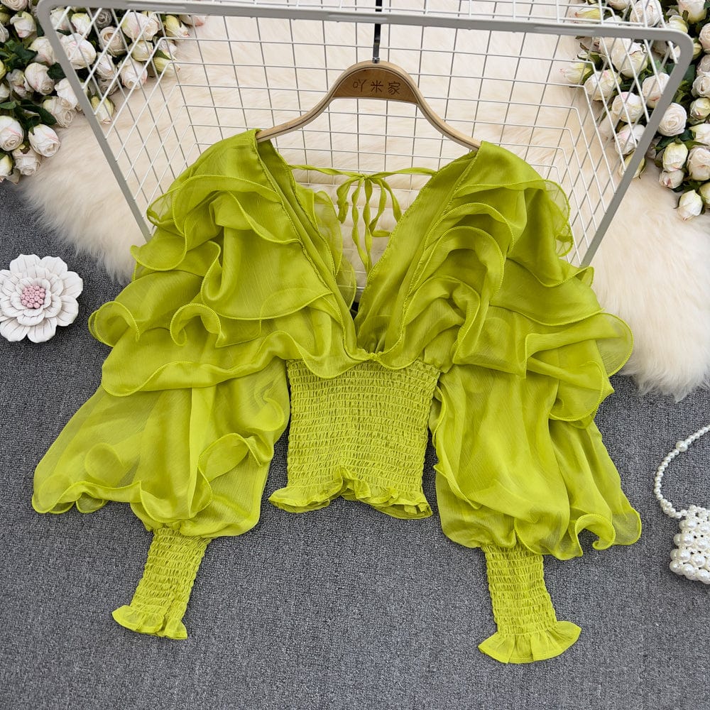 One Size / green 2022 Spring New Retro Sexy Long Sleeve Blouse V-neck Shirt Tight Waist Ladies' Chiffon Shirt Fashion Short Top for Women
