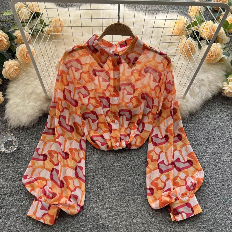 One Size / Orange red 2022 spring new retro contrast color printing loose puff sleeve shirt women