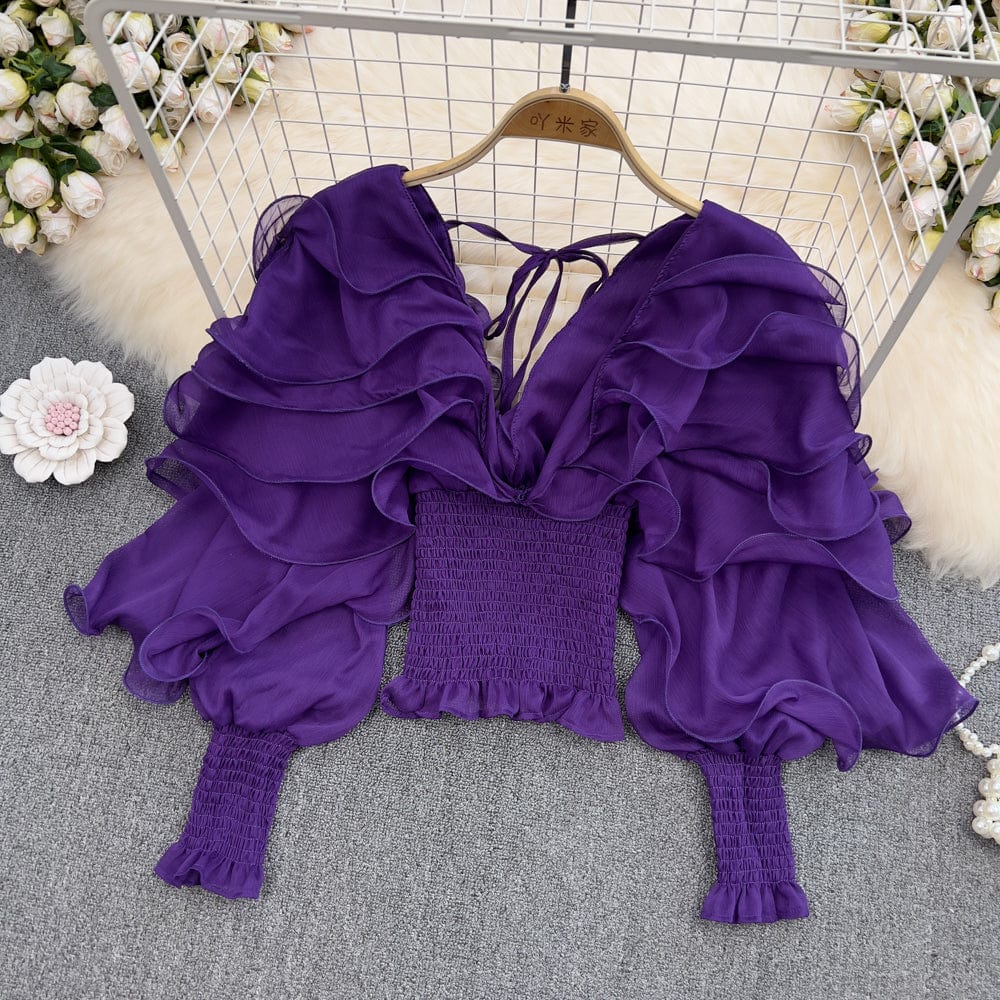 One Size / Purple 2022 Spring New Retro Sexy Long Sleeve Blouse V-neck Shirt Tight Waist Ladies' Chiffon Shirt Fashion Short Top for Women