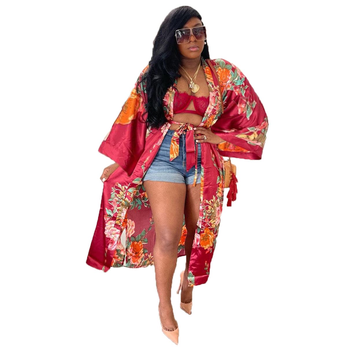 One Size / Red 2022 Fall Imitated Silk Fabric Casual Long Cardigan With Belt African Clothing Amazon Hot Women's Floral Print Kimono Cardigan