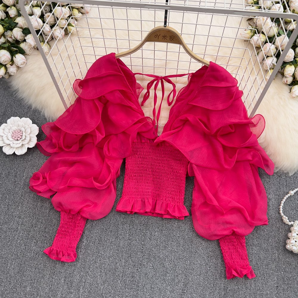 One Size / rose red 2022 Spring New Retro Sexy Long Sleeve Blouse V-neck Shirt Tight Waist Ladies' Chiffon Shirt Fashion Short Top for Women