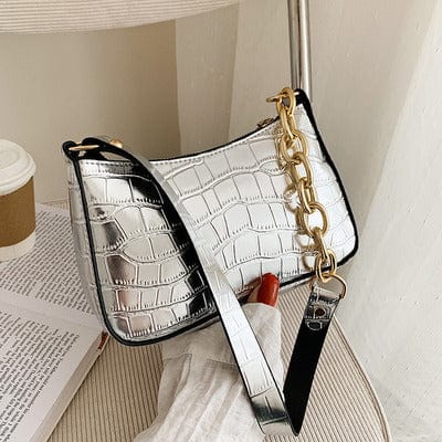 one size / silver Fashion Trend PU Leather Women Crocodile Underarm Bag Retro Stone Pattern Ladies Handbags Ladies Small Shoulder Bags