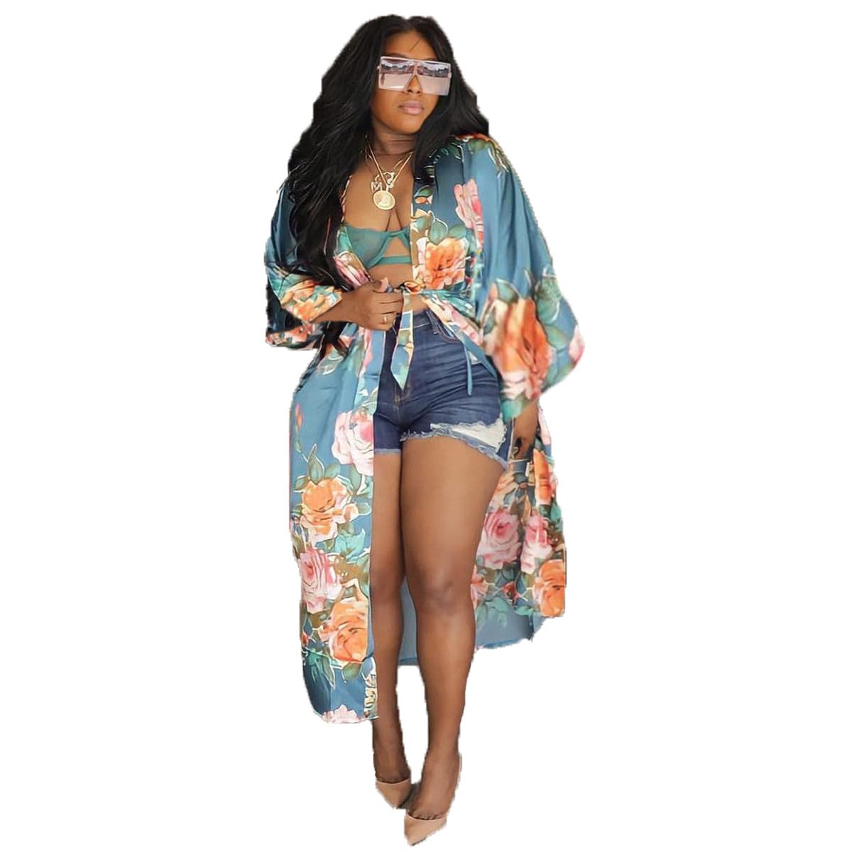 One Size / Sky Blue 2022 Fall Imitated Silk Fabric Casual Long Cardigan With Belt African Clothing Amazon Hot Women's Floral Print Kimono Cardigan
