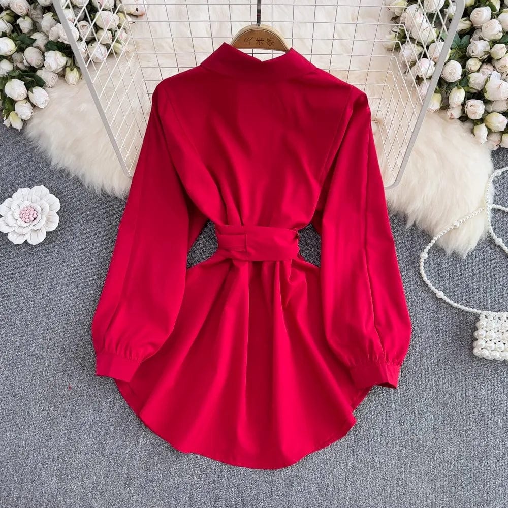 One size Spring new mid length collection waist shirt retro lapel long sleeved top