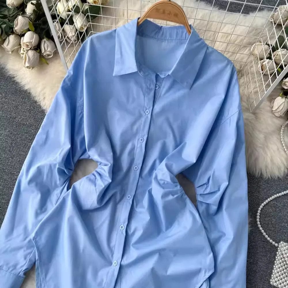 One size Spring retro waistband design medium length long sleeved shirt Solid color top with a lapel shirt