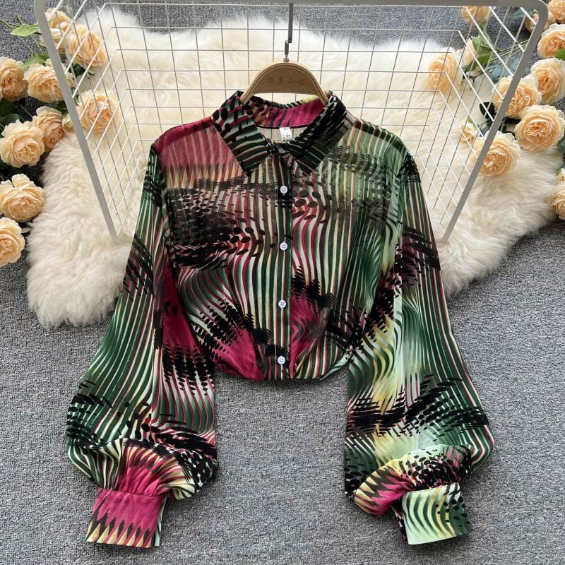 One Size / striped green 2022 spring new retro contrast color printing loose puff sleeve shirt women