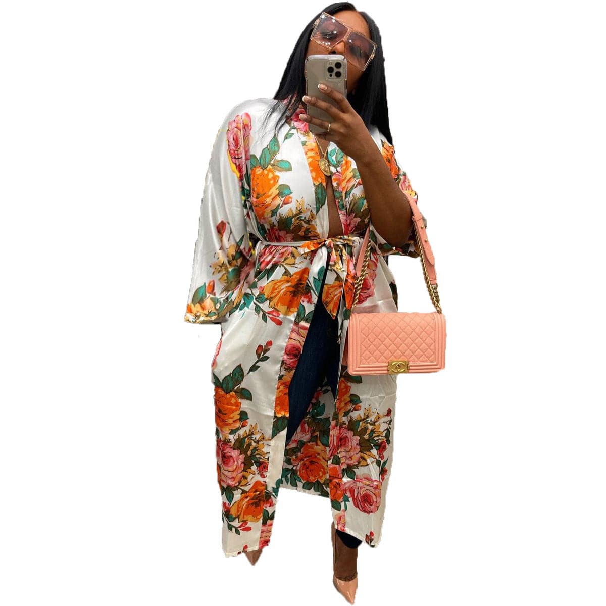 One Size / White 2022 Fall Imitated Silk Fabric Casual Long Cardigan With Belt African Clothing Amazon Hot Women's Floral Print Kimono Cardigan