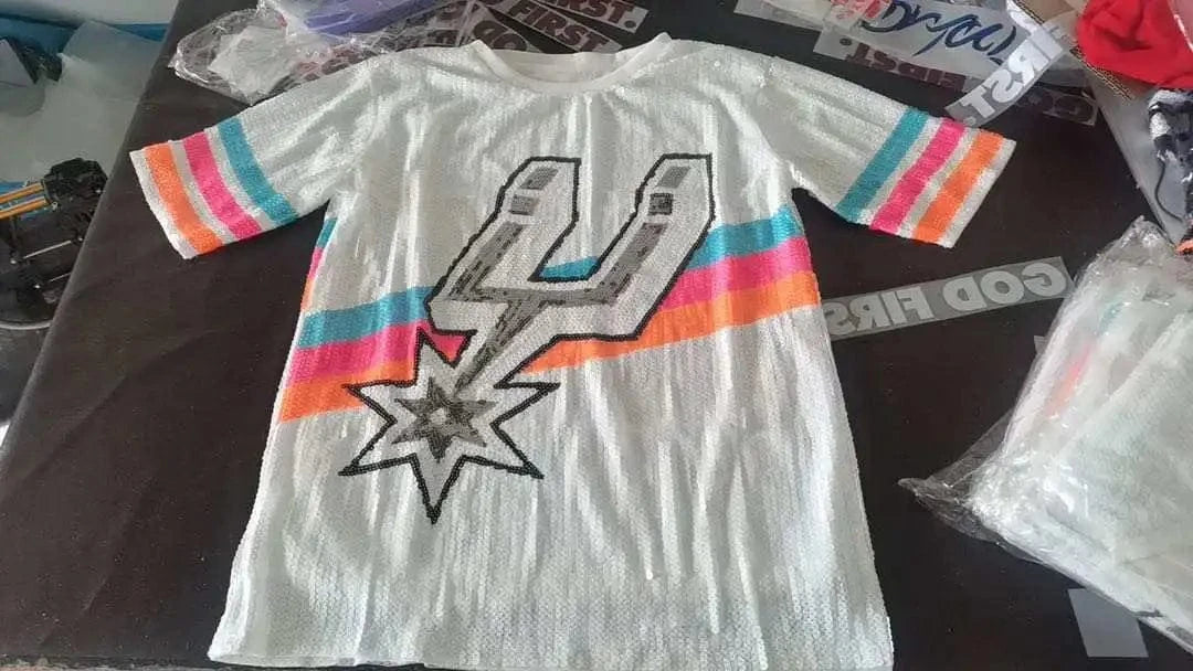 one size / White / knitted hot sale basketball Style Party Dresses Sequin Spurs fashion loose shirts Women sequins long t shirt