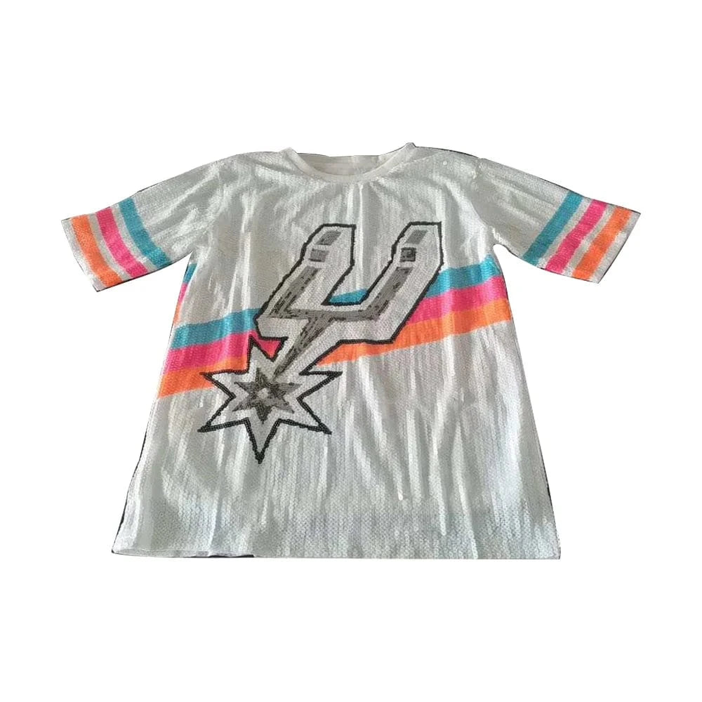 one size / White / knitted hot sale basketball Style Party Dresses Sequin Spurs fashion loose shirts Women sequins long t shirt