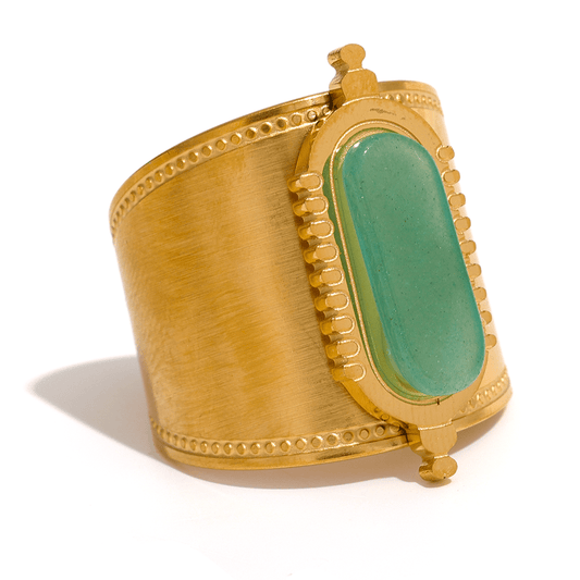 Open / YH062A JINYOU 062 Stainless Steel Green Natural Stone Wide Open Ring for Summer Women Fashion Trendy Gold Color Bague En Acier
