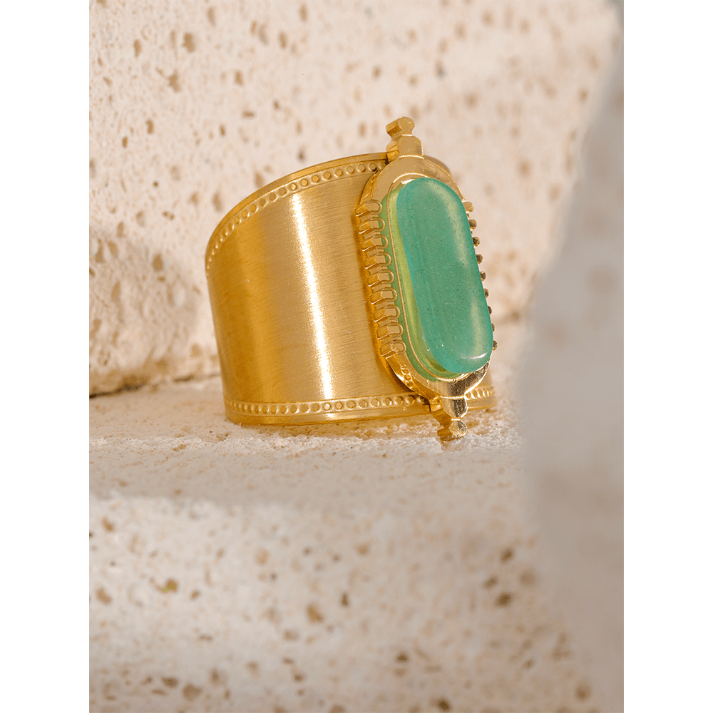 Open / YH062A JINYOU 062 Stainless Steel Green Natural Stone Wide Open Ring for Summer Women Fashion Trendy Gold Color Bague En Acier