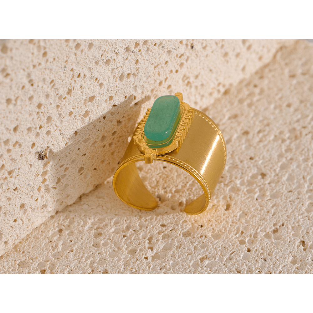 Open / YH062A JINYOU 062 Stainless Steel Green Natural Stone Wide Open Ring for Summer Women Fashion Trendy Gold Color Bague En Acier