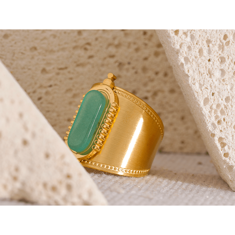 Open / YH062A JINYOU 062 Stainless Steel Green Natural Stone Wide Open Ring for Summer Women Fashion Trendy Gold Color Bague En Acier