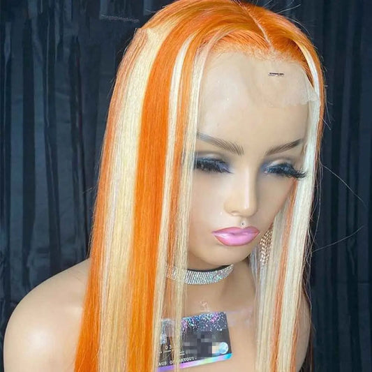 Orange Blonde Highlight Color Wig Long Straight Pre Plucked With Baby Hair Cuticle Aligned Lace Front Wigs