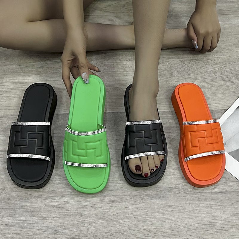 Original Design Simple Rhinestone Slippers Women's Large Thick Bottom Sandals female flat new design slippers