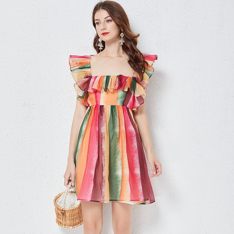 OS456069 Rainbow striped crystal gauze square neck strapless dress Slim-fit gathered high-waisted gauze skirt