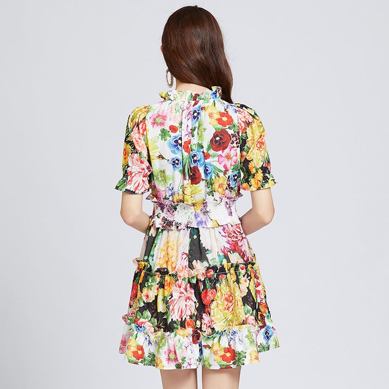 OS463045 Three-color printing contrast color lotus leaf small high-neck elastic high-waist dress Slim short-sleeved skirt