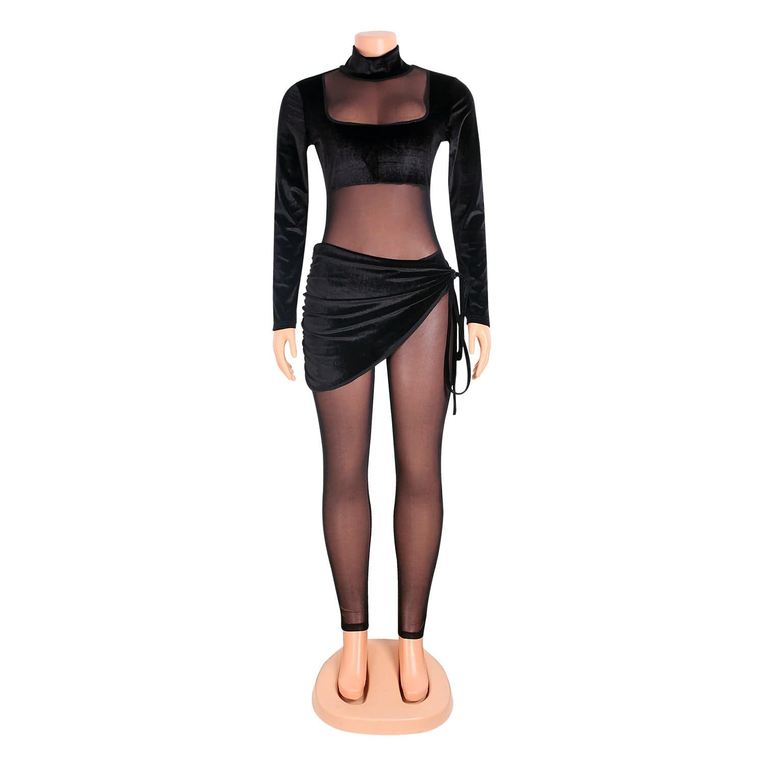 Os6269 2024 Fall Sexy Women Jumpsuit Long Sleeve Velvet Mesh See Through Patchwork One Piece Romper Plus Size Club Wear