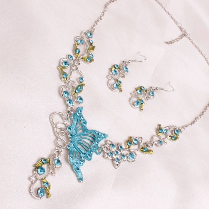 other / Blue Retro Butterfly Crystal Rhinestone Bridal Necklace Earrings Set Womens Jewellery