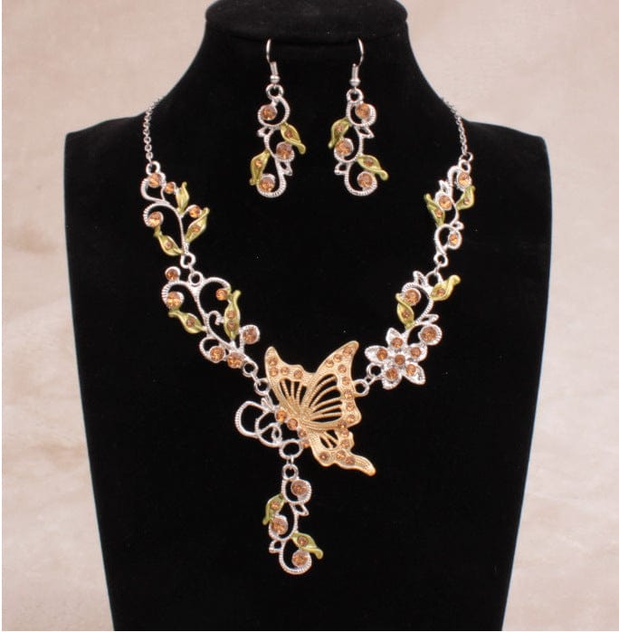 other / Coffee Retro Butterfly Crystal Rhinestone Bridal Necklace Earrings Set Womens Jewellery