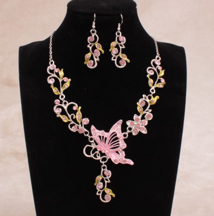 other / Pink Retro Butterfly Crystal Rhinestone Bridal Necklace Earrings Set Womens Jewellery