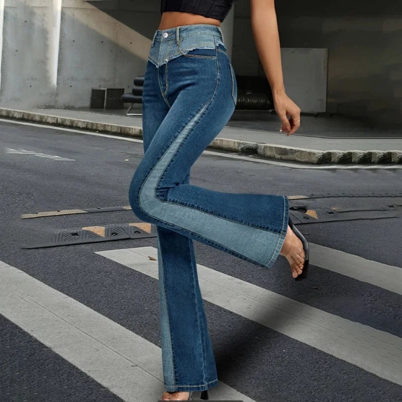 OUDINA 2023 New Autumn American Splicing Design Slim Bootcut Jeans Contrasting Color Trousers Women