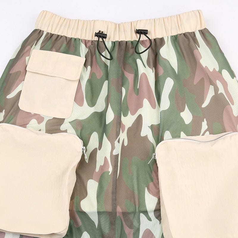 OUDINA 2023 New Stitching Mesh See-through Drawstring Skirts Loose Camo Long Cargo Skirt