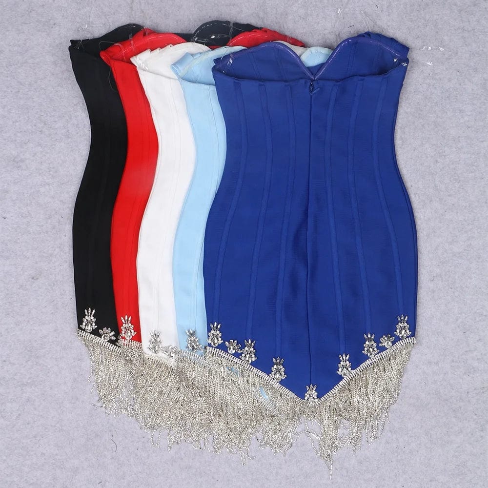 OUDINA 2024 Women's Clothing Rhinestones Silver Jewelry Tassel Chain Knitted Tube Top Pleated Backless Bandage Dress Woman