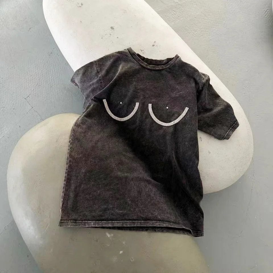 OUDINA American Style Bust Diamond Short Sleeve Women's Spring And Summer Solid Color Simple Round Neck Ladies T-shirt