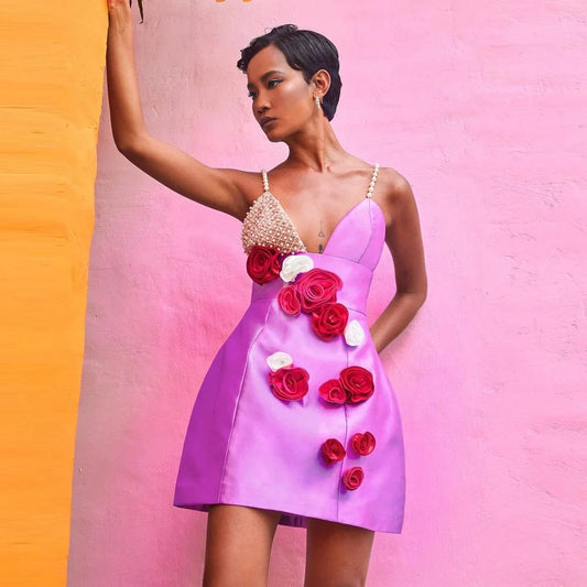OUDINA Boutique Wholesale Clothing Fashion Pearl Sling Flower Short Lady Dress Bandage Dresses For Women