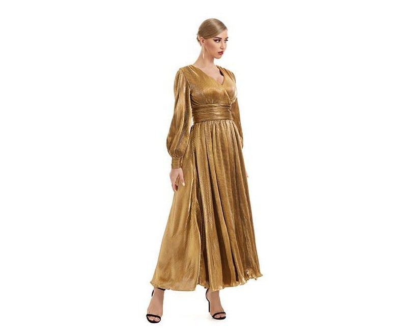 OUDINA Brand Fashionable Vintage Bronzing Long Sleeve V-neck Large Swing Gown Dresses Elegant Women Evening Dress