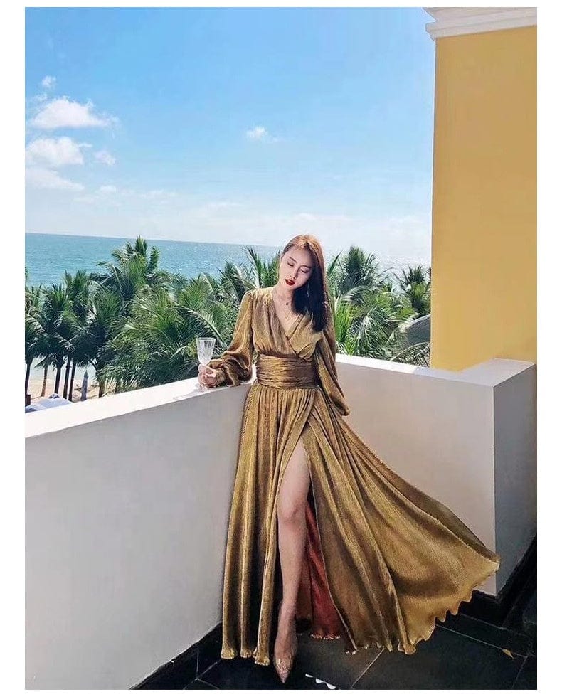 OUDINA Brand Fashionable Vintage Bronzing Long Sleeve V-neck Large Swing Gown Dresses Elegant Women Evening Dress