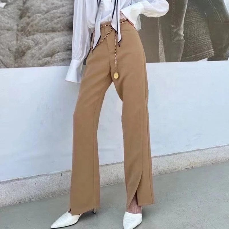 OUDINA British Style Suit Pants 2023 Autumn New High Waist Solid Color Pants Small Slit Chain Belt Straight Woman Pants