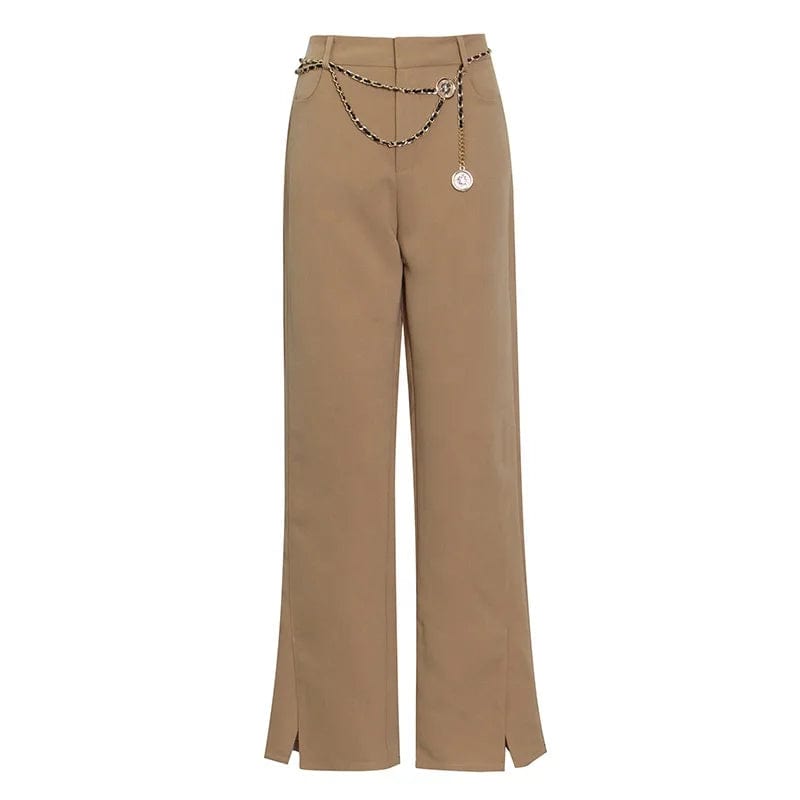 OUDINA British Style Suit Pants 2023 Autumn New High Waist Solid Color Pants Small Slit Chain Belt Straight Woman Pants