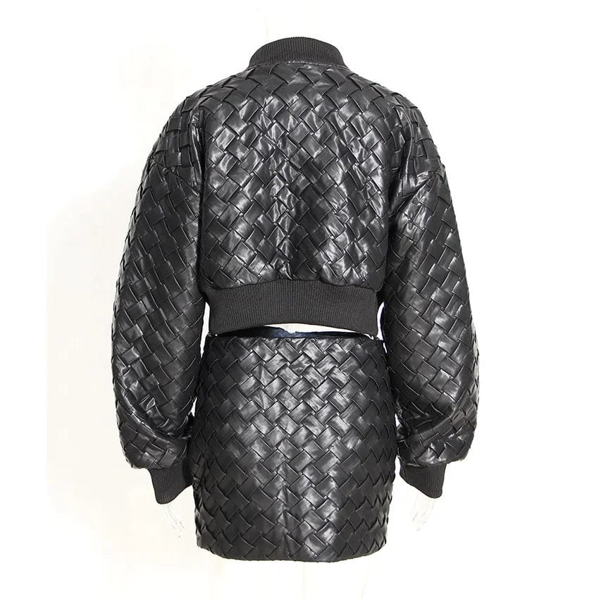 OUDINA Custom OEM Black Woven Textured Zipper Jacket And Mini Skirt Set PU Leather Two Piece Sets For Women