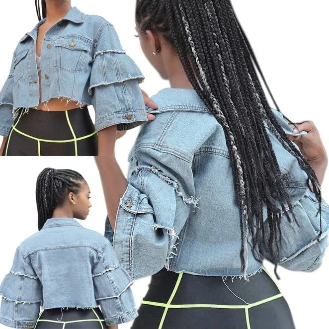 OUDINA European American Sexy Plus Size Crop Tops Denim Jean Jacket For Women Fashionable Short Top