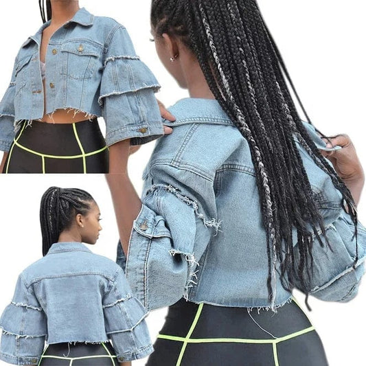 OUDINA European American Sexy Plus Size Crop Tops Denim Jean Jacket For Women Fashionable Short Top