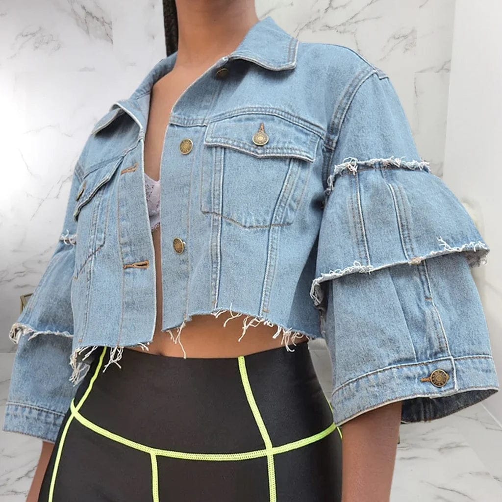 OUDINA European American Sexy Plus Size Crop Tops Denim Jean Jacket For Women Fashionable Short Top