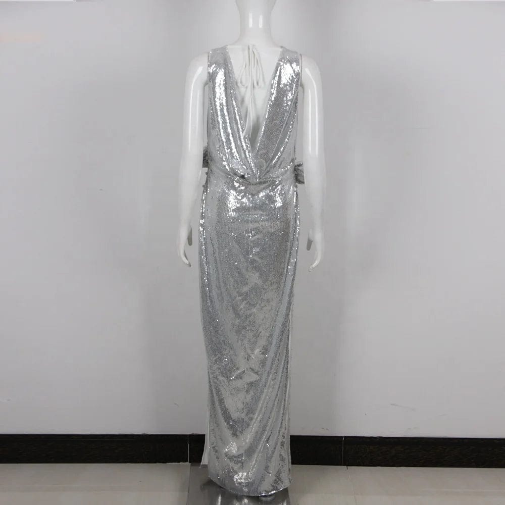 OUDINA Factory Fashion Rhinestone Sequins Silver Women's Clothing Mesh Bodycon Long Women Dresses