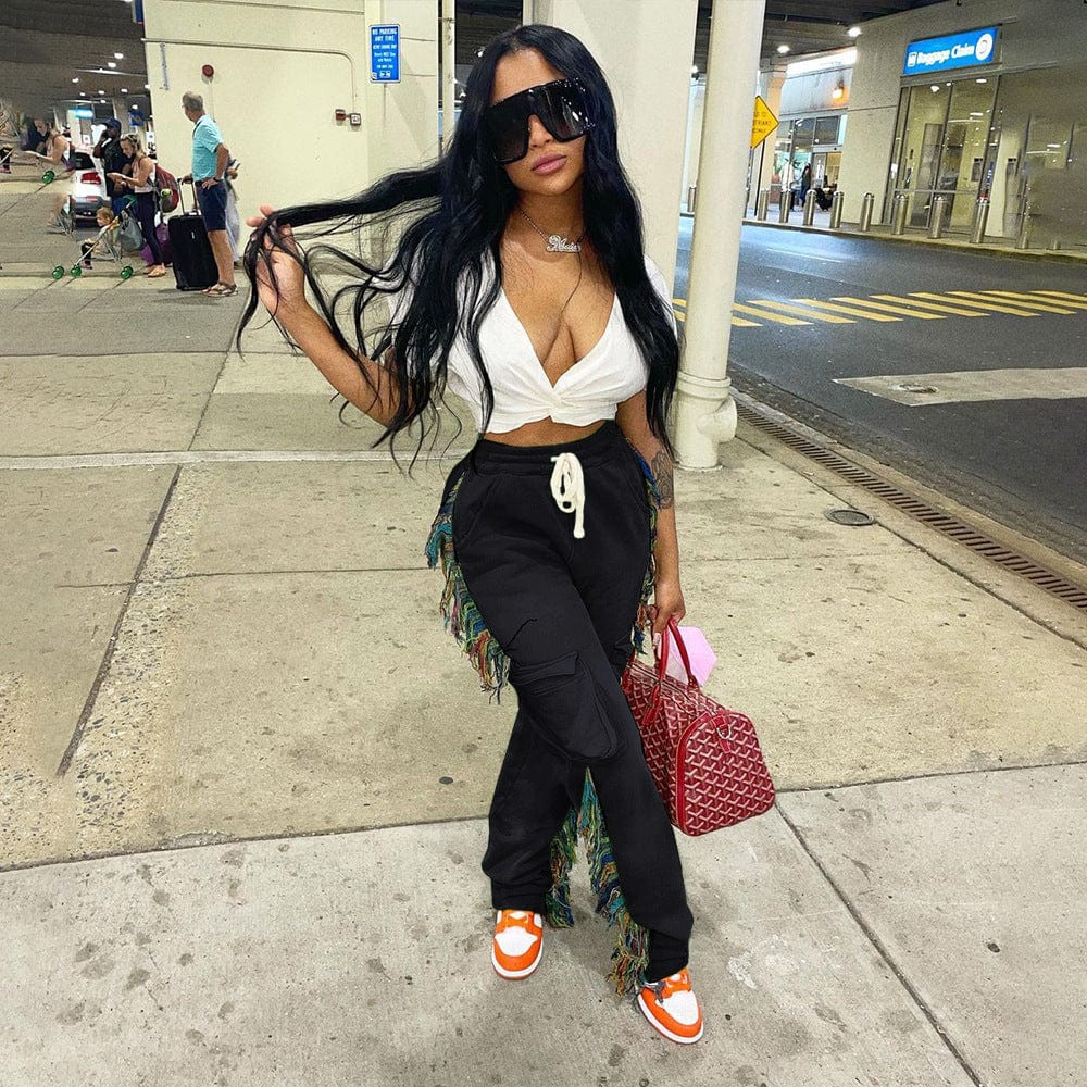 OUDINA Fashion Clothing Solid Color Pant Casual Fringed Trousers Tassel Jogger Women Sweat Pants