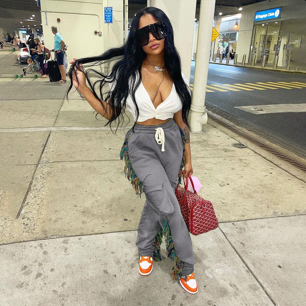 OUDINA Fashion Clothing Solid Color Pant Casual Fringed Trousers Tassel Jogger Women Sweat Pants