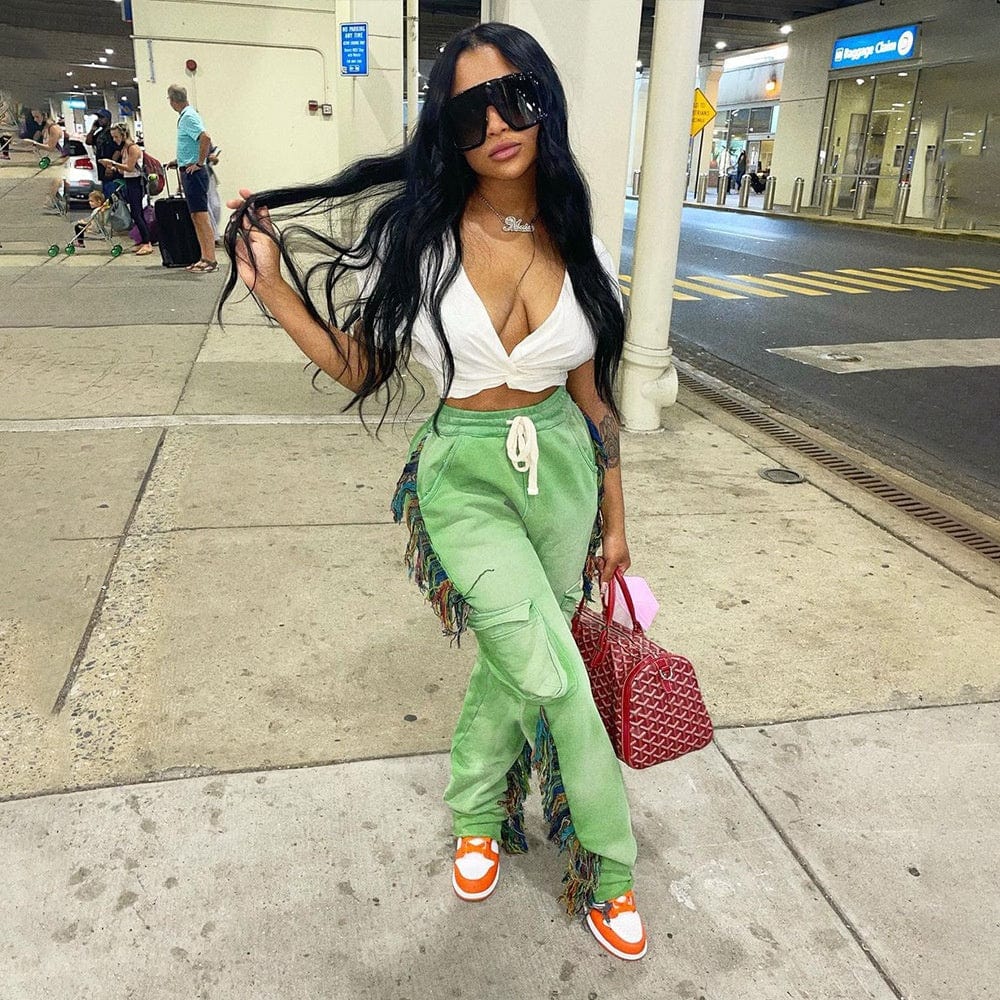 OUDINA Fashion Clothing Solid Color Pant Casual Fringed Trousers Tassel Jogger Women Sweat Pants