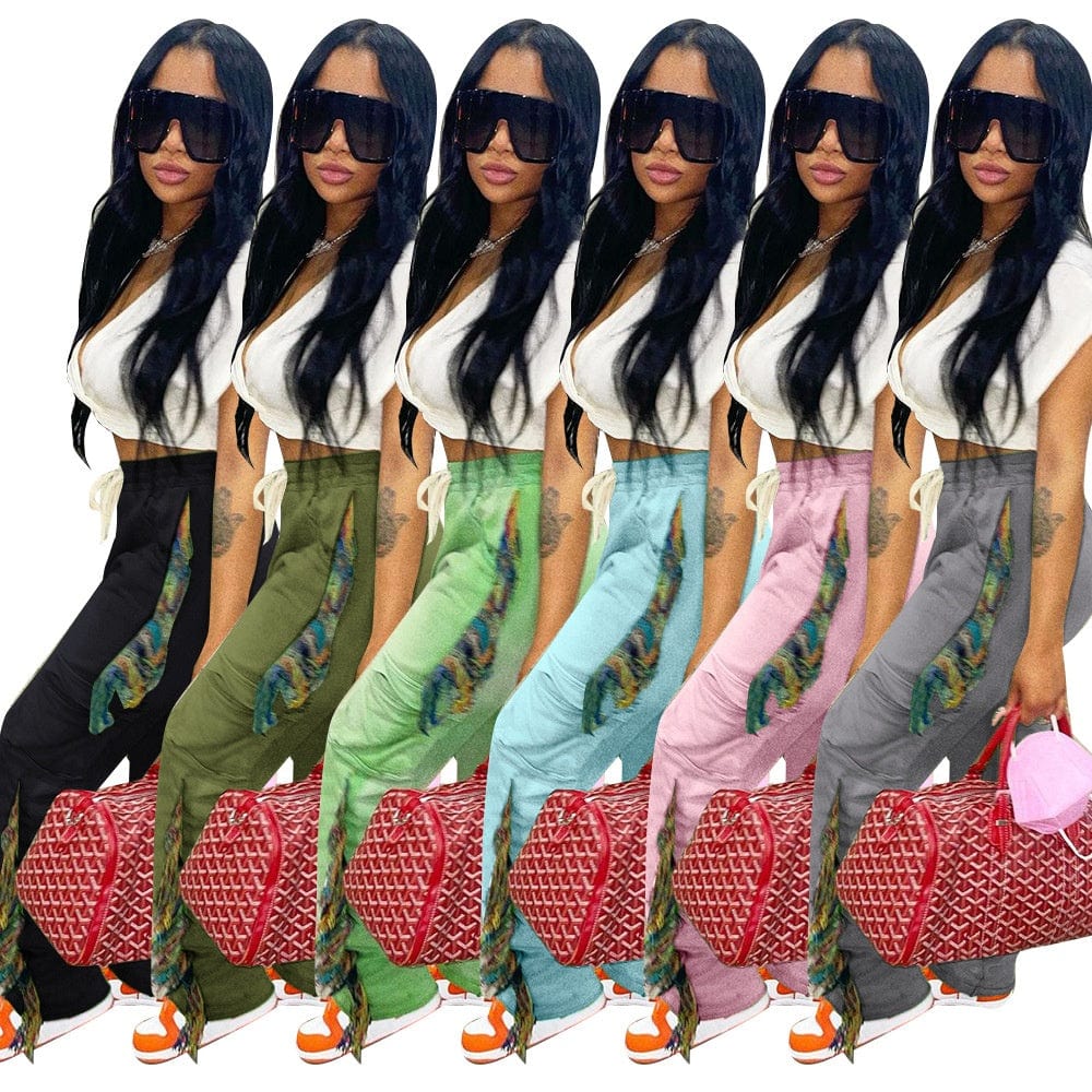 OUDINA Fashion Clothing Solid Color Pant Casual Fringed Trousers Tassel Jogger Women Sweat Pants