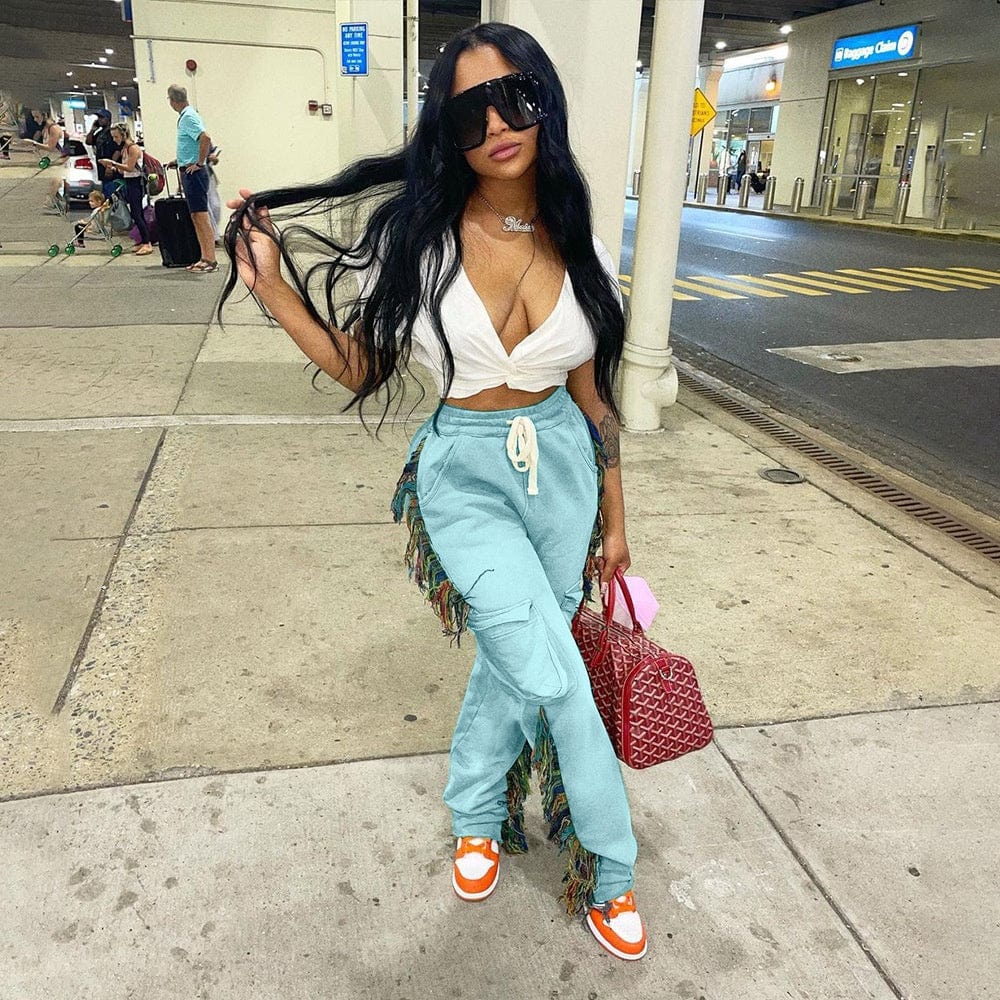 OUDINA Fashion Clothing Solid Color Pant Casual Fringed Trousers Tassel Jogger Women Sweat Pants